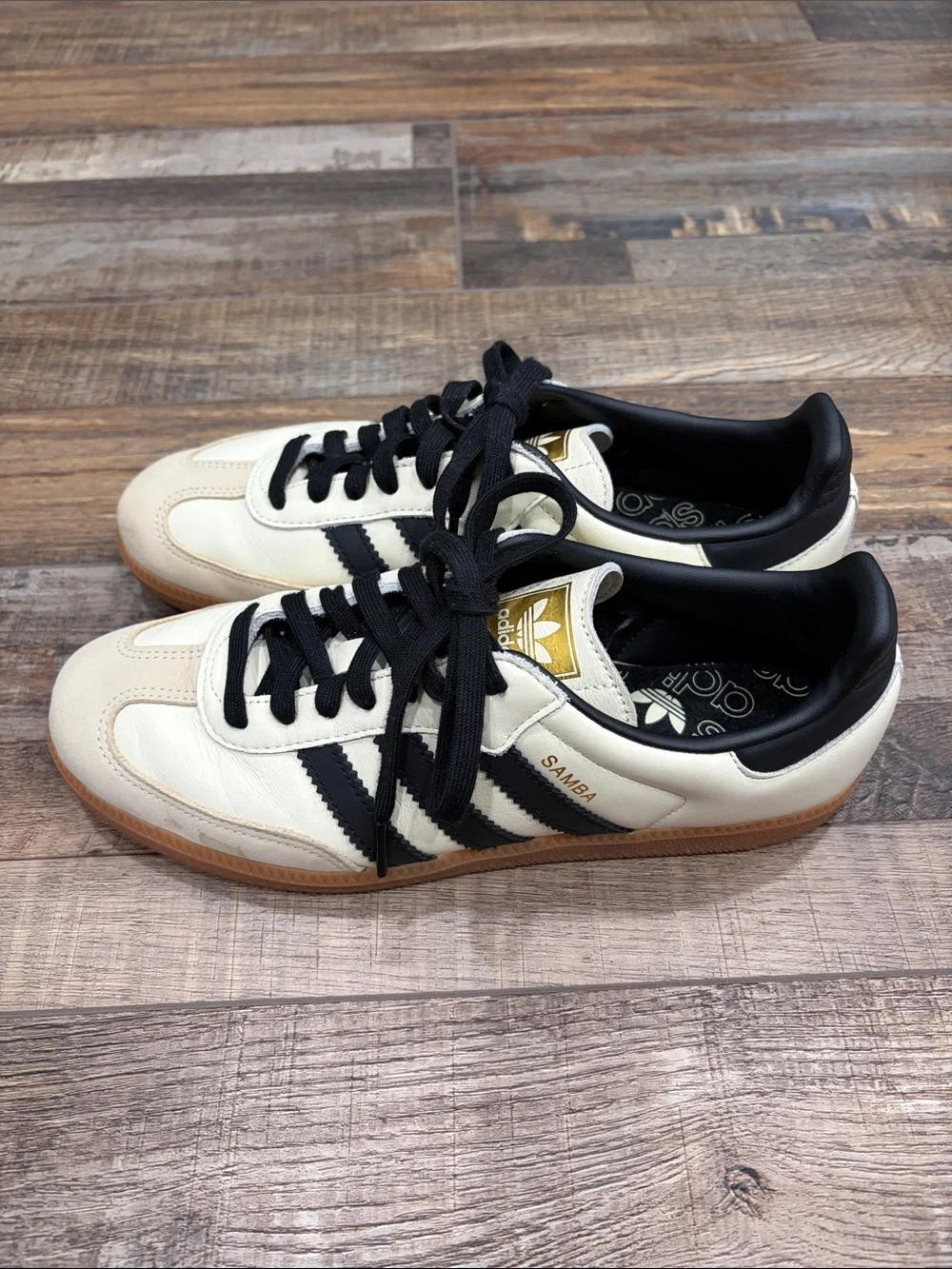 adidas Women Cream and Black sambas  with Gold Tongue Logo